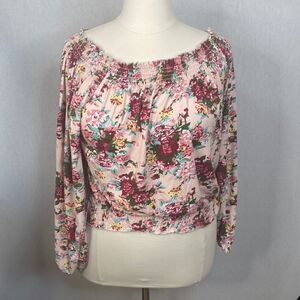 Koko Ailis Plus Size 2XL  Pink & Burgundy Floral Smocked Long Sleeve Top. EUC.